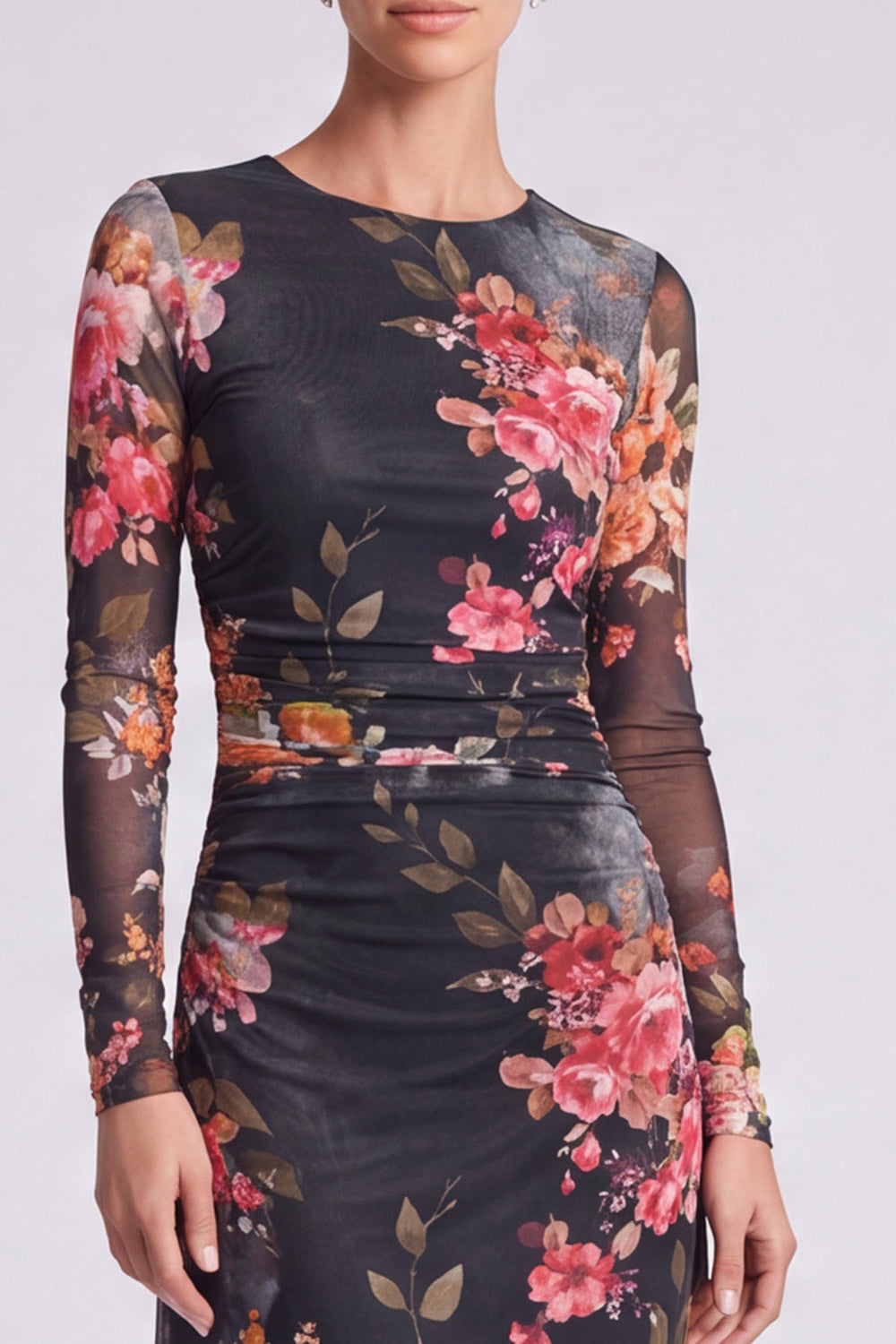 Black Floral Bodycon Round Neck Midi Formal Dress with Sleeves