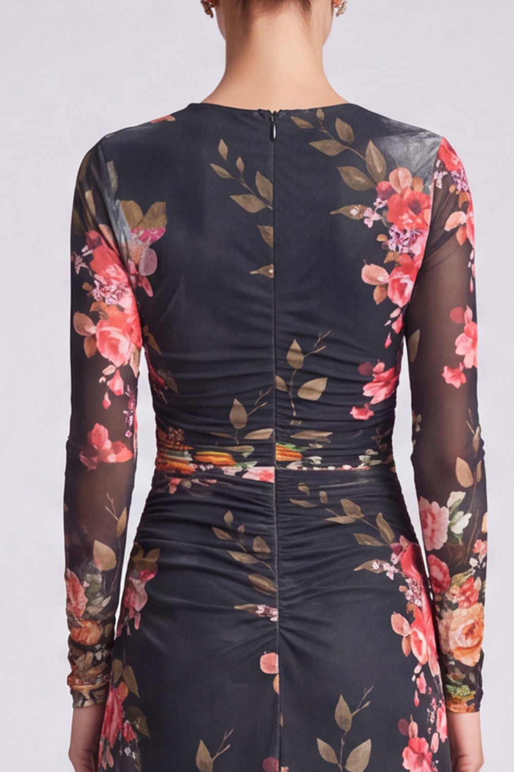 Black Floral Bodycon Round Neck Midi Formal Dress with Sleeves