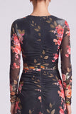 Black Floral Bodycon Round Neck Midi Formal Dress with Sleeves