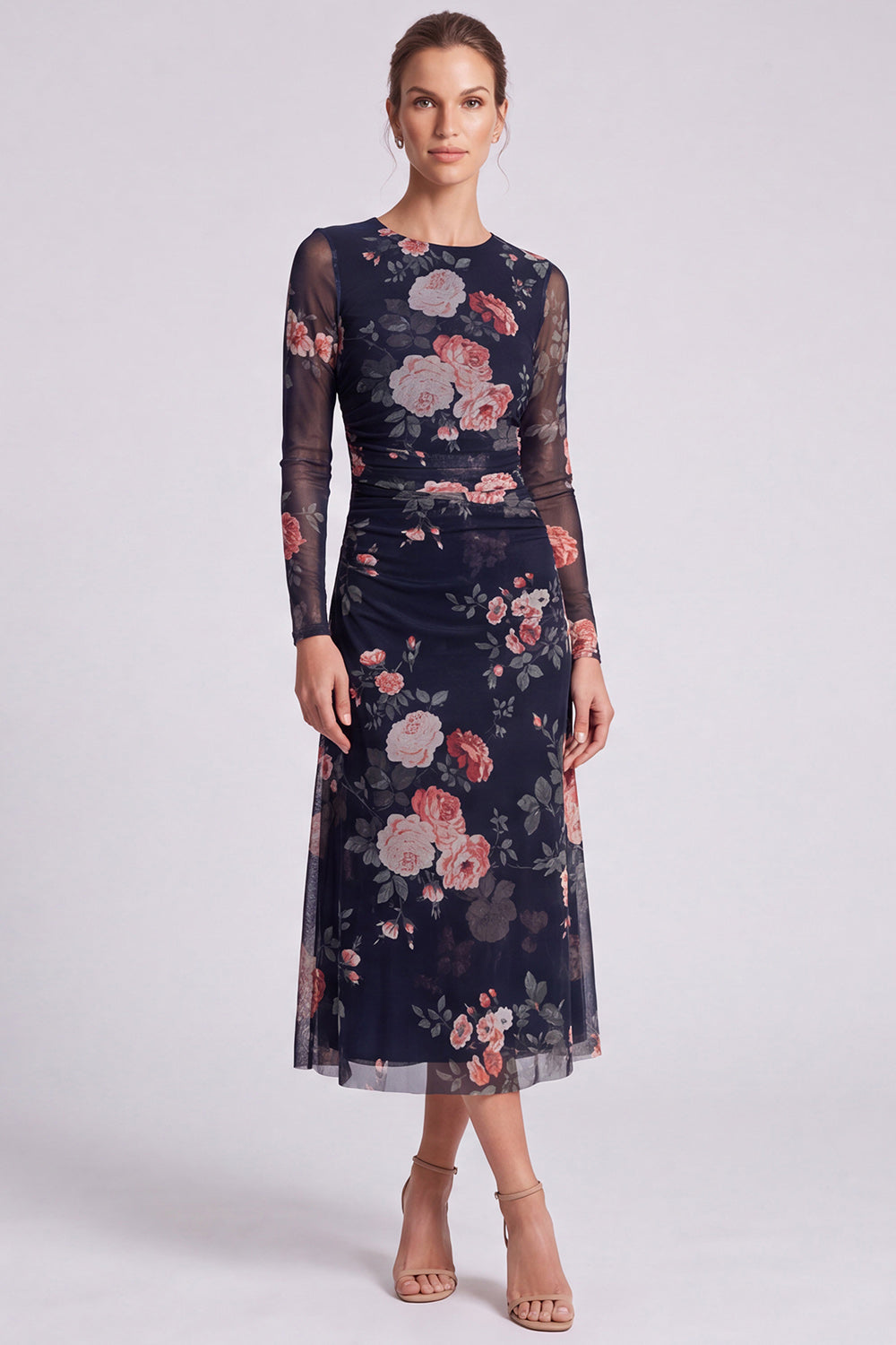 Black Floral Bodycon Round Neck Midi Formal Dress with Sleeves