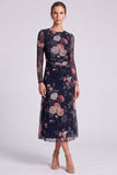 Black Floral Bodycon Round Neck Midi Formal Dress with Sleeves