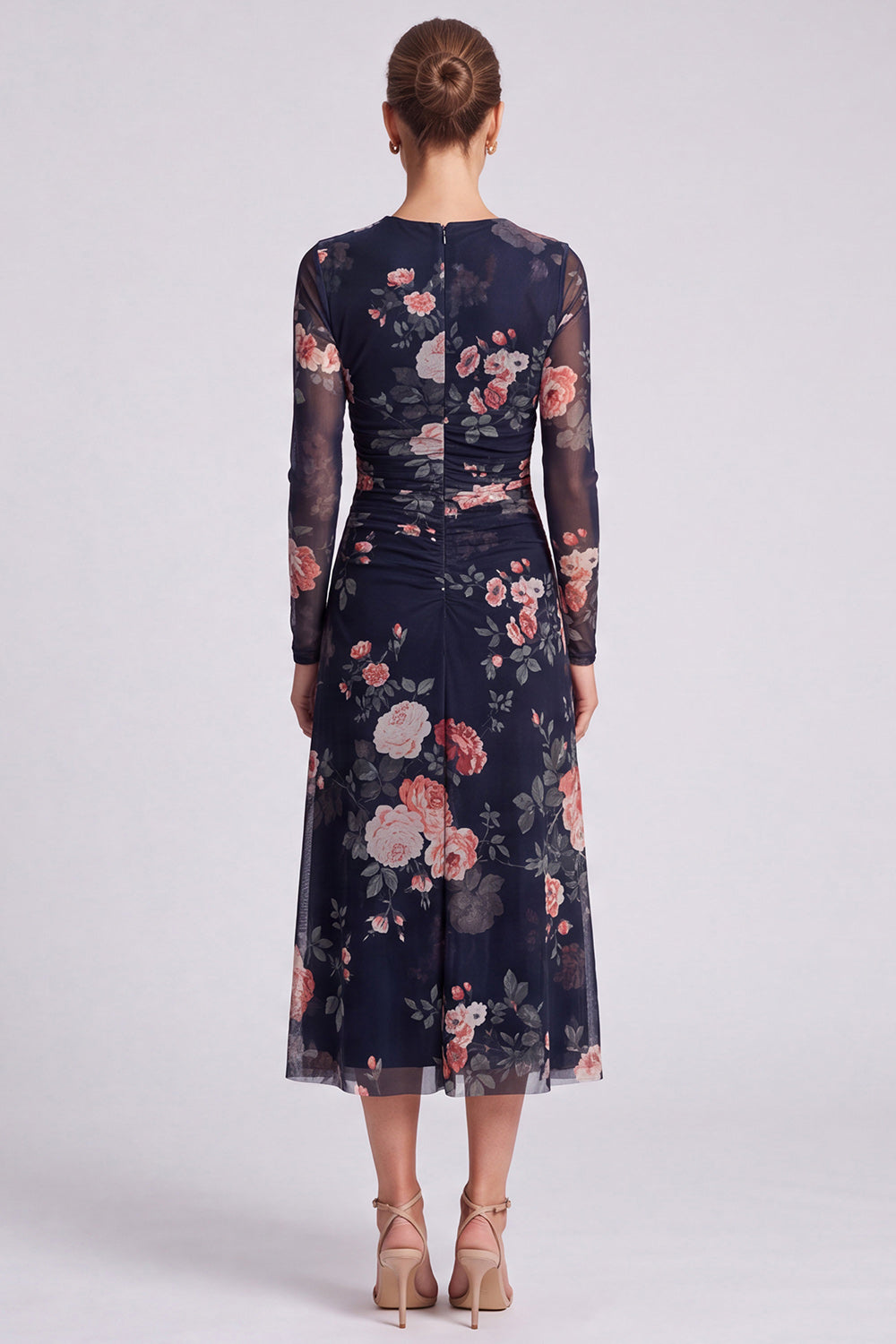 Black Floral Bodycon Round Neck Midi Formal Dress with Sleeves