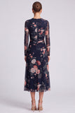 Black Floral Bodycon Round Neck Midi Formal Dress with Sleeves