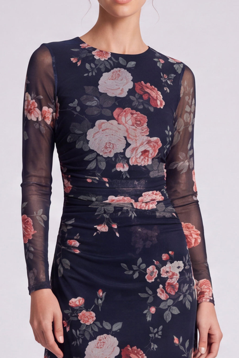 Black Floral Bodycon Round Neck Midi Formal Dress with Sleeves