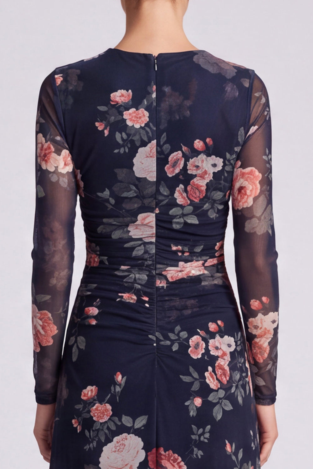 Black Floral Bodycon Round Neck Midi Formal Dress with Sleeves