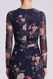 Black Floral Bodycon Round Neck Midi Formal Dress with Sleeves