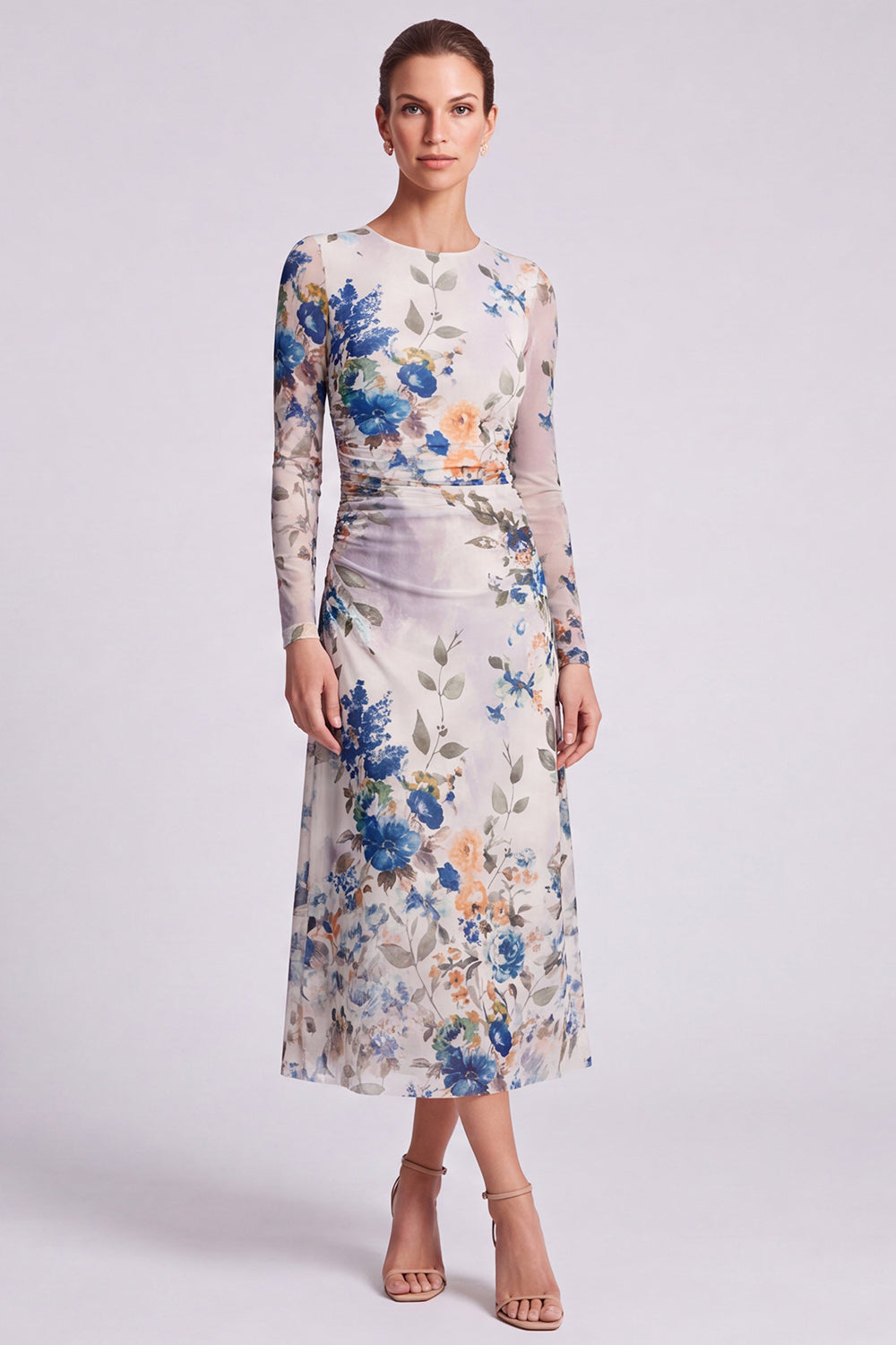 Black Floral Bodycon Round Neck Midi Formal Dress with Sleeves