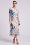 Black Floral Bodycon Round Neck Midi Formal Dress with Sleeves