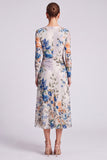 Black Floral Bodycon Round Neck Midi Formal Dress with Sleeves