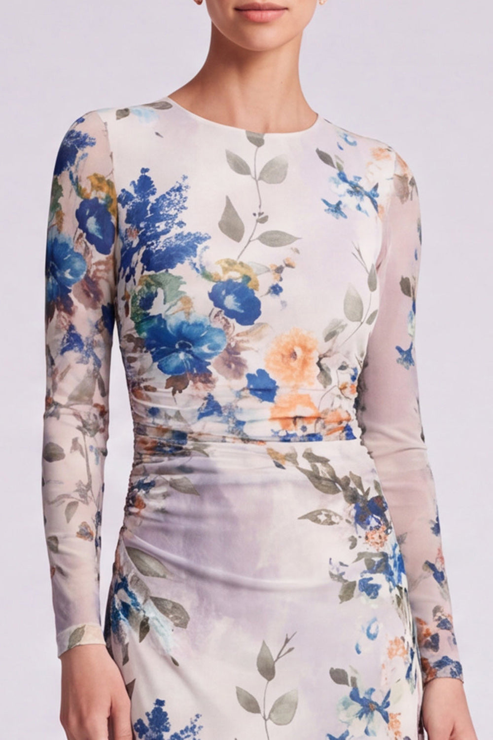 Black Floral Bodycon Round Neck Midi Formal Dress with Sleeves