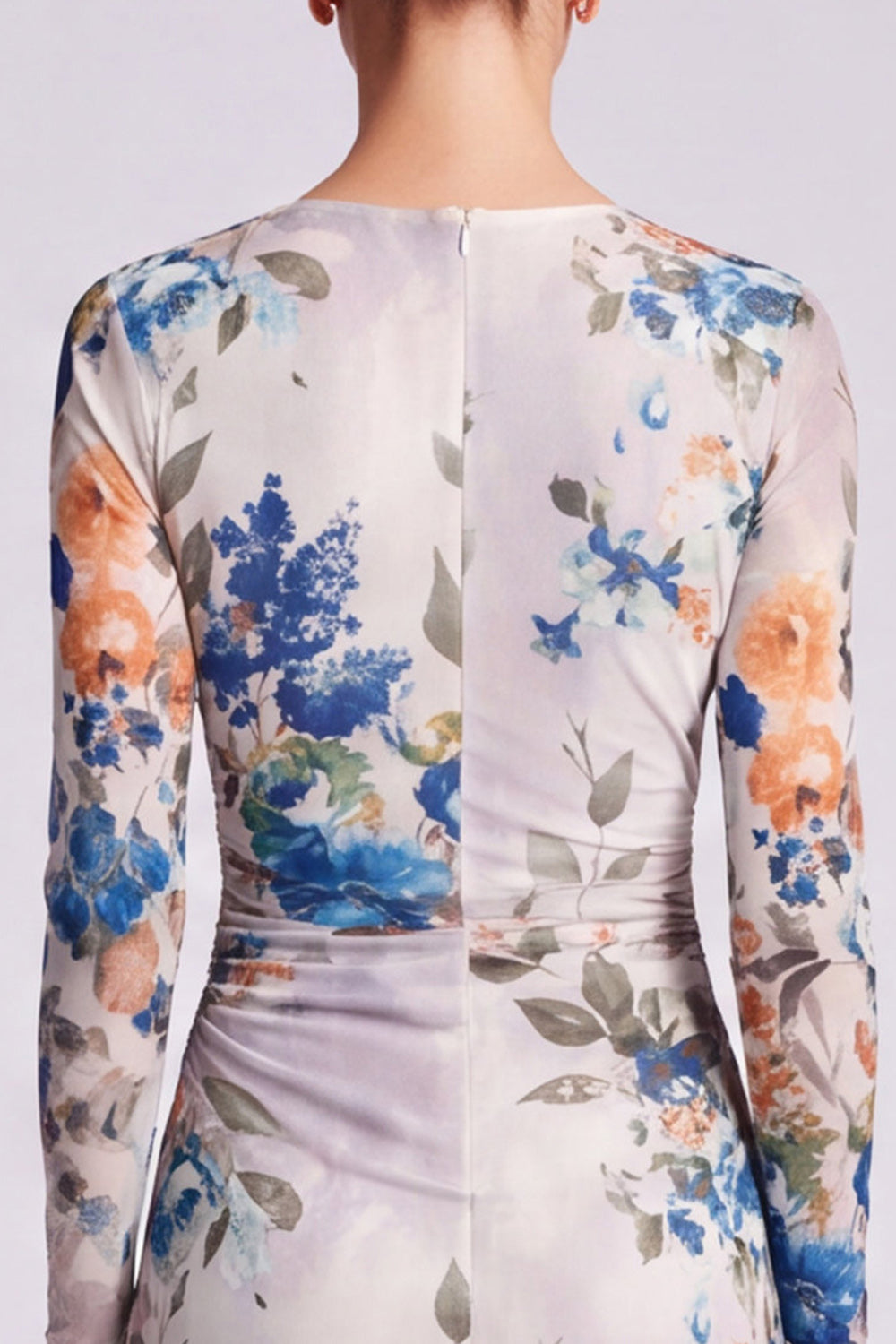 Black Floral Bodycon Round Neck Midi Formal Dress with Sleeves