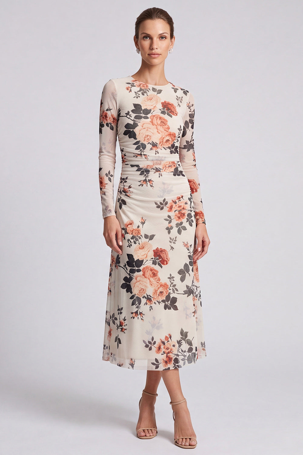 Black Floral Bodycon Round Neck Midi Formal Dress with Sleeves