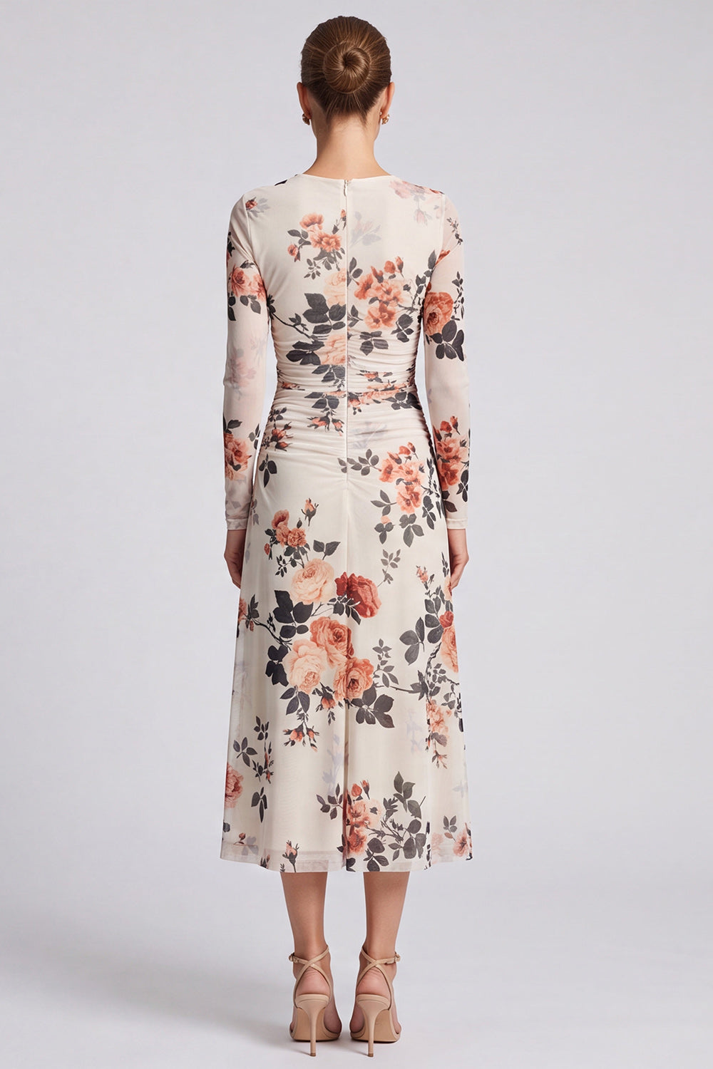 Black Floral Bodycon Round Neck Midi Formal Dress with Sleeves