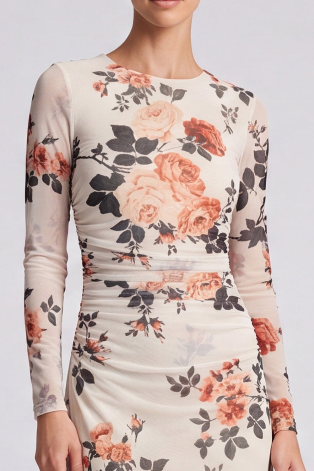 Black Floral Bodycon Round Neck Midi Formal Dress with Sleeves