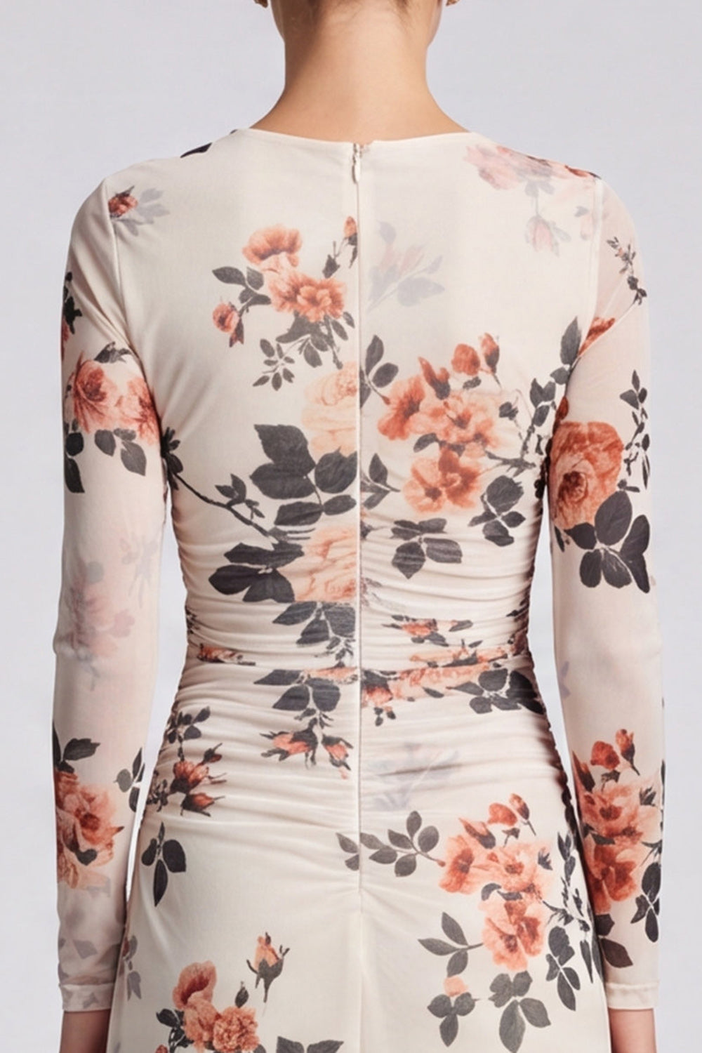 Black Floral Bodycon Round Neck Midi Formal Dress with Sleeves