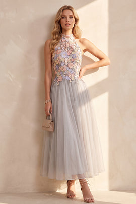 Light Grey A-Line Tulle High Neck Floral Long Wedding Guest Dress