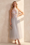 Light Grey A-Line Tulle High Neck Floral Long Wedding Guest Dress