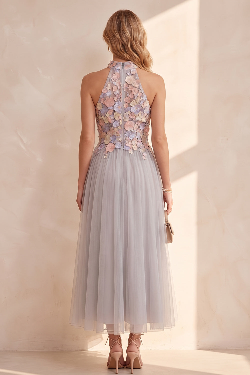 Light Grey A-Line Tulle High Neck Floral Long Wedding Guest Dress