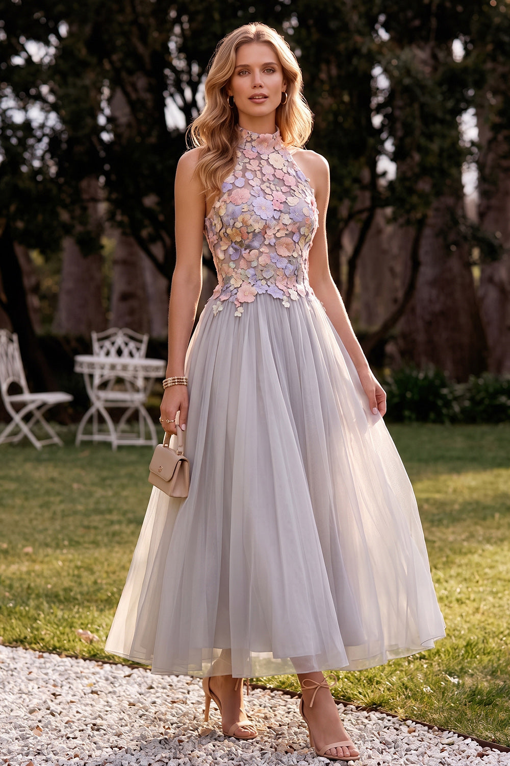 Light Grey A-Line Tulle High Neck Floral Long Wedding Guest Dress