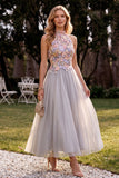 Light Grey A-Line Tulle High Neck Floral Long Wedding Guest Dress