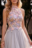 Light Grey A-Line Tulle High Neck Floral Long Wedding Guest Dress
