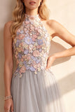 Light Grey A-Line Tulle High Neck Floral Long Wedding Guest Dress