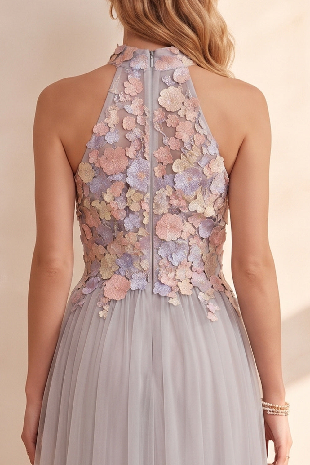 Light Grey A-Line Tulle High Neck Floral Long Wedding Guest Dress