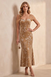 Champagne Mermaid Floral Cap Sleeves Long Velvet Holiday Dress
