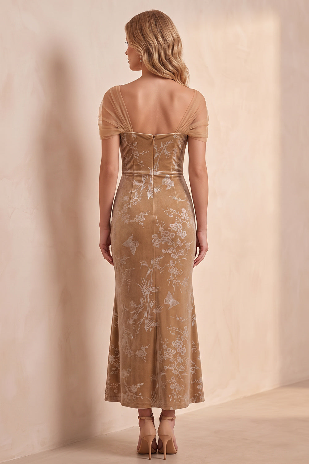 Champagne Mermaid Floral Cap Sleeves Long Velvet Holiday Dress