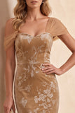 Champagne Mermaid Floral Cap Sleeves Long Velvet Holiday Dress