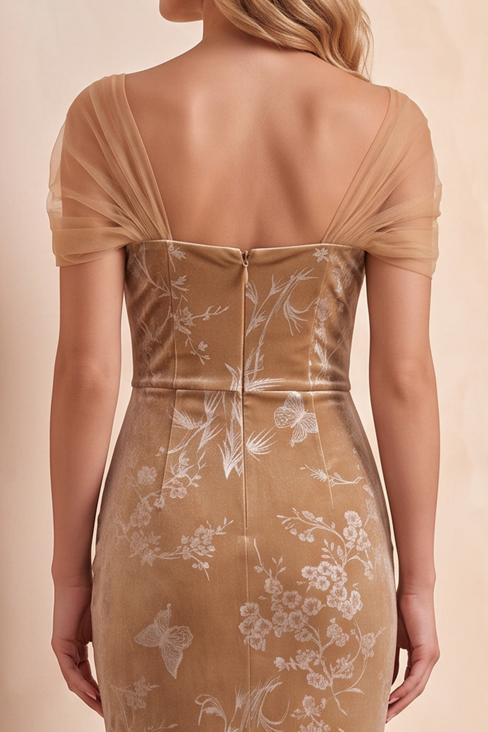 Champagne Mermaid Floral Cap Sleeves Long Velvet Holiday Dress