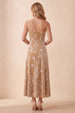 Champagne A-Line One Shoulder Floral Maxi Velvet Holiday Dress