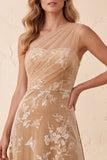 Champagne A-Line One Shoulder Floral Maxi Velvet Holiday Dress