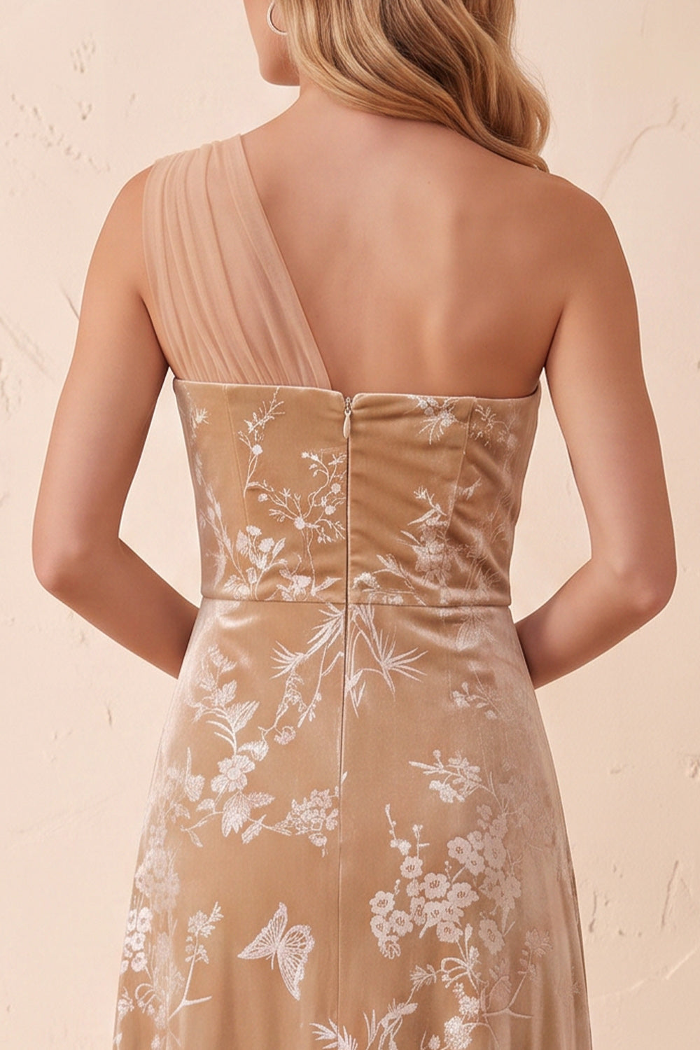 Champagne A-Line One Shoulder Floral Maxi Velvet Holiday Dress