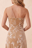 Champagne A-Line One Shoulder Floral Maxi Velvet Holiday Dress