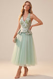 Sage Green Floral A-Line Tulle V-Neck Midi Wedding Guest Dress