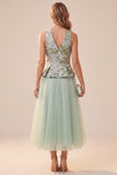 Sage Green Floral A-Line Tulle V-Neck Midi Wedding Guest Dress