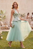 Sage Green Floral A-Line Tulle V-Neck Midi Wedding Guest Dress