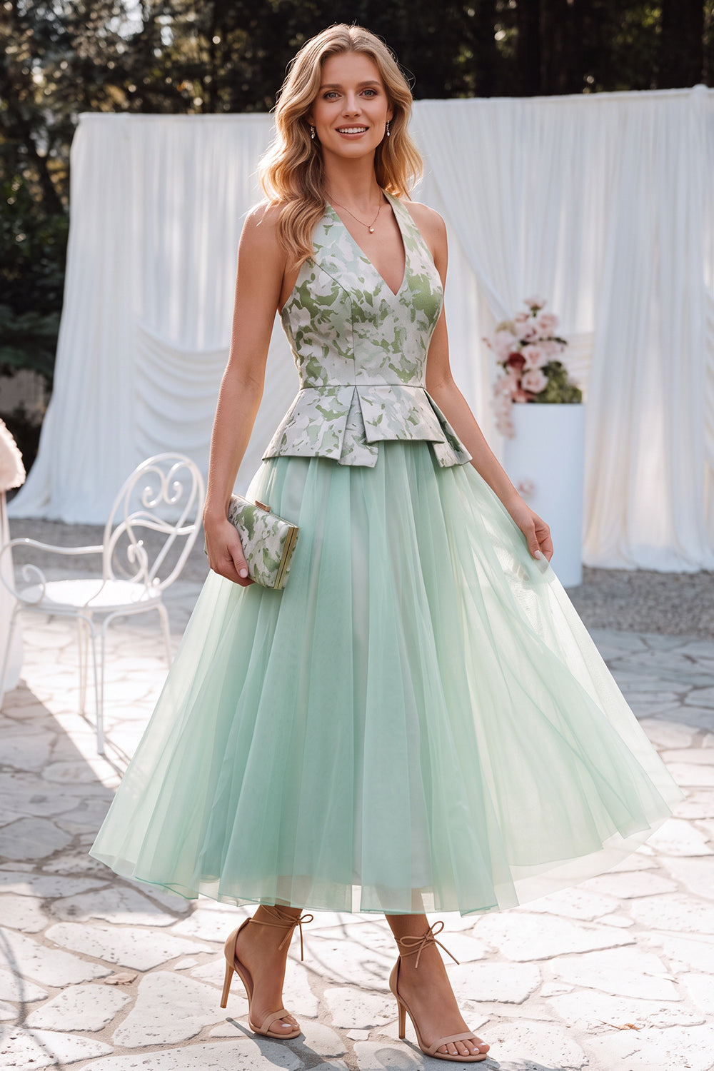 Sage Green Floral A-Line Tulle V-Neck Midi Wedding Guest Dress