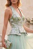 Sage Green Floral A-Line Tulle V-Neck Midi Wedding Guest Dress