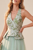 Sage Green Floral A-Line Tulle V-Neck Midi Wedding Guest Dress