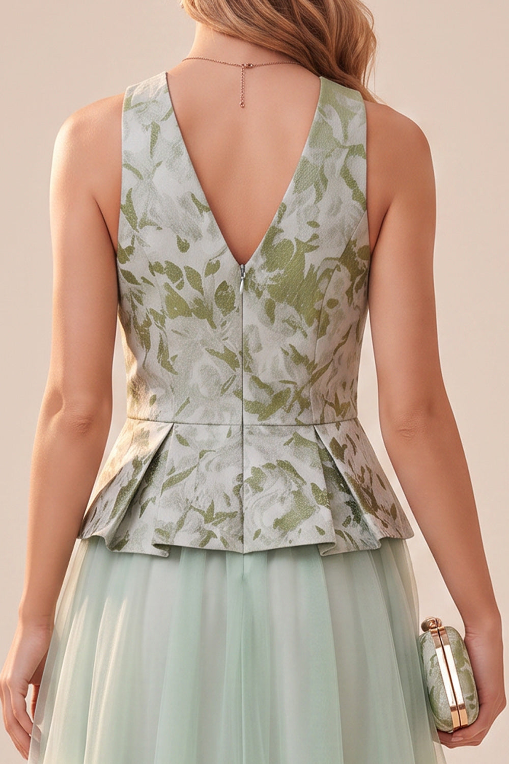Sage Green Floral A-Line Tulle V-Neck Midi Wedding Guest Dress