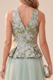 Sage Green Floral A-Line Tulle V-Neck Midi Wedding Guest Dress