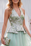 Sage Green Floral A-Line Tulle V-Neck Midi Wedding Guest Dress