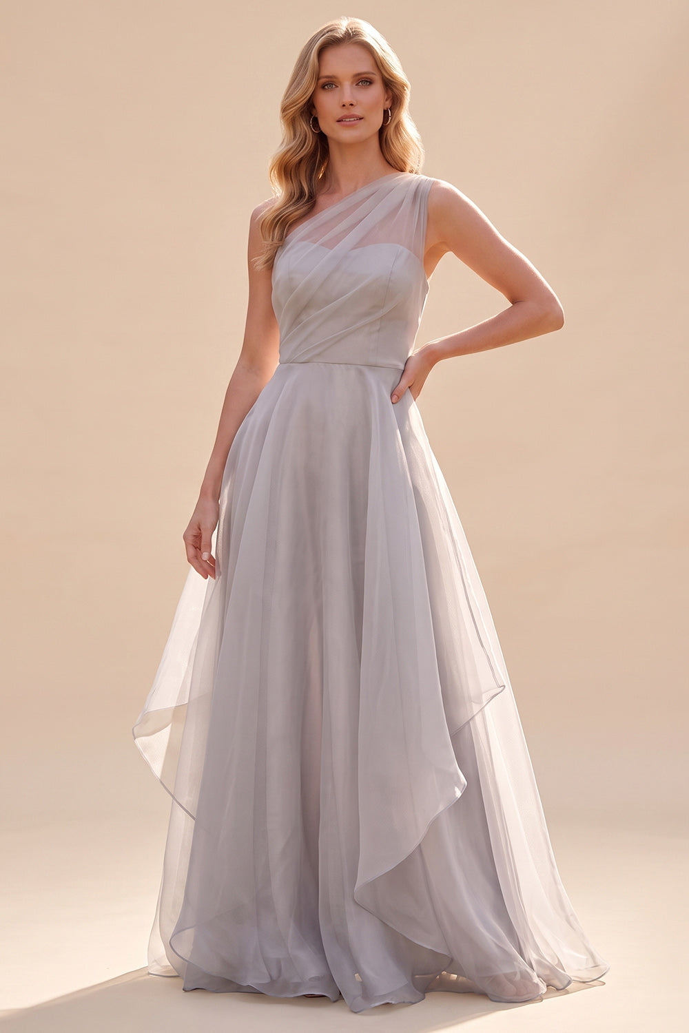 Grey Chiffon A-Line Ruched One Shoulder Long Wedding Guest Dress