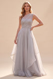 Grey Chiffon A-Line Ruched One Shoulder Long Wedding Guest Dress
