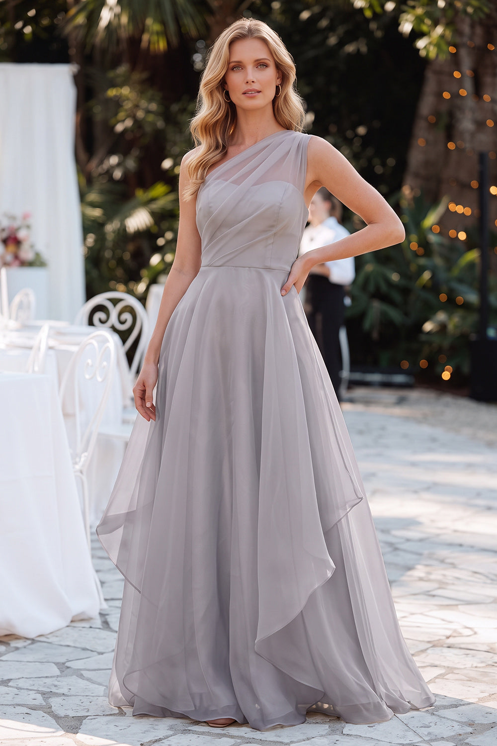 Grey Chiffon A-Line Ruched One Shoulder Long Wedding Guest Dress