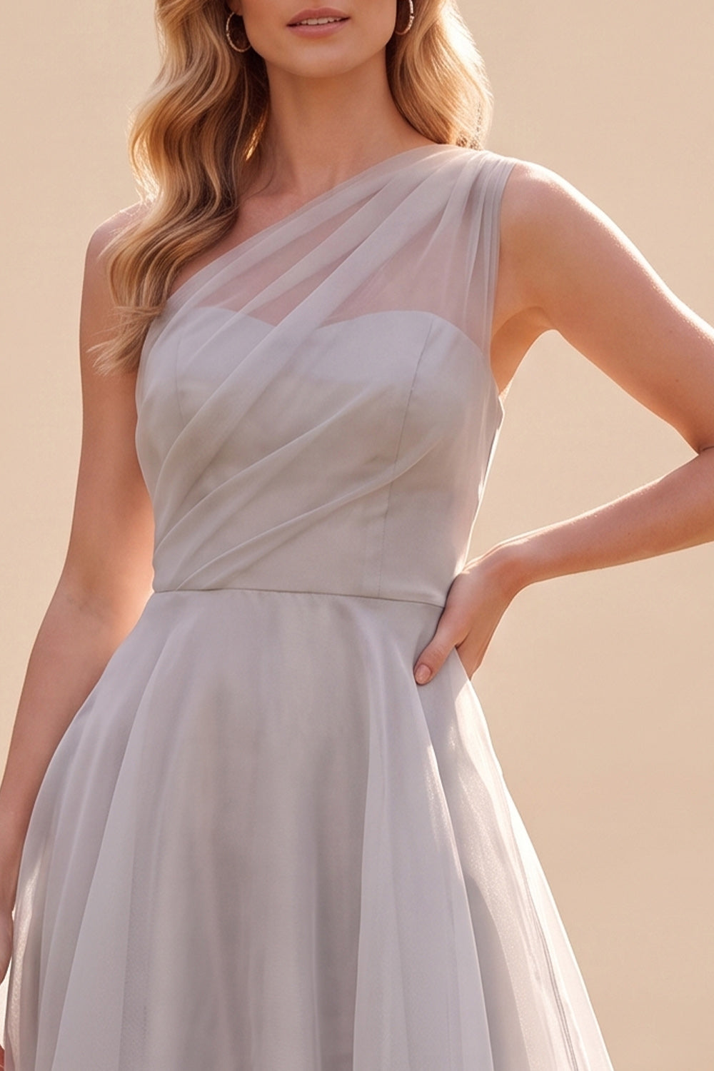 Grey Chiffon A-Line Ruched One Shoulder Long Wedding Guest Dress