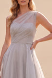 Grey Chiffon A-Line Ruched One Shoulder Long Wedding Guest Dress