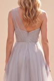 Grey Chiffon A-Line Ruched One Shoulder Long Wedding Guest Dress